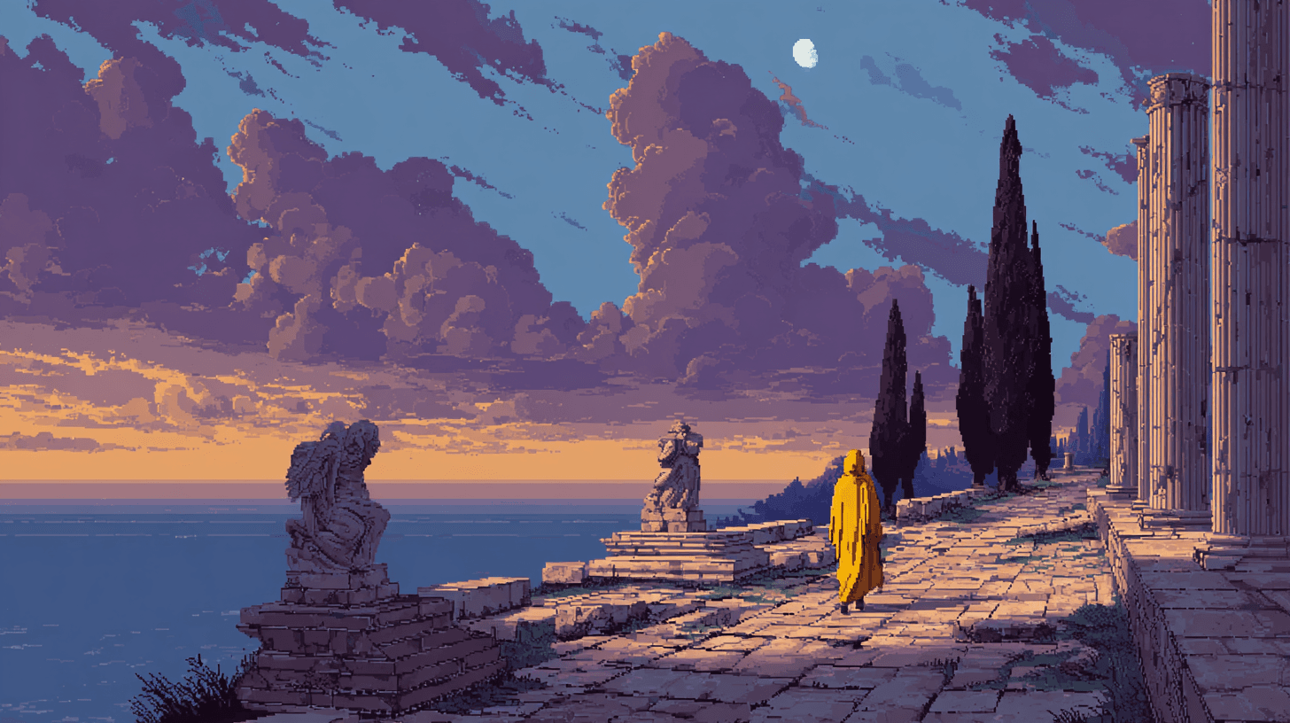 A hooded traveler in yellow robes standing on ancient marble ruins overlooking a moonlit sea